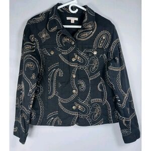 JM Collection Black Denim Blazer Jacket Paisley Gold Silver Stitching Wms 12‎